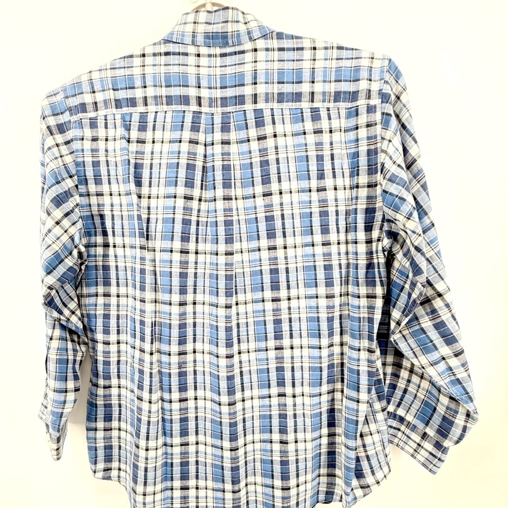 Brooks Brothers Plaid Shirt Mens Medium Blue Linen Blend Button Down Preppy - Picture 3 of 6